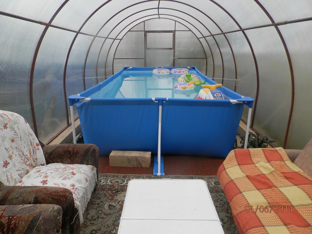 каркасный бассейн в теплице из поликарбоната