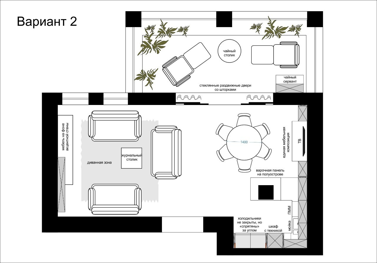 Схема расположения мебели в кухне гостиной